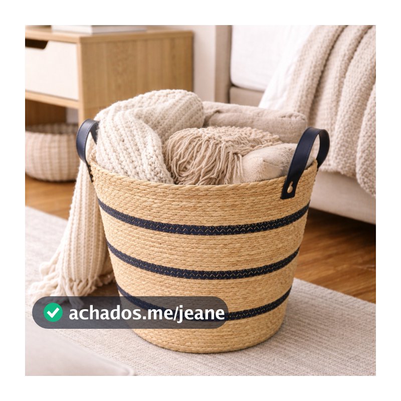 Cestos Organizadores Fibra Natural Listrado Preto com Alça Decorativo Boho Multiuso Sala Quarto