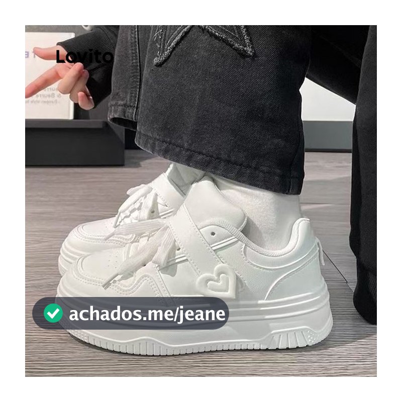 Lovito Sapatos largos brancos puros esportivos amor decoração leve e respirável tênis versáteis para mulheres LFA76330