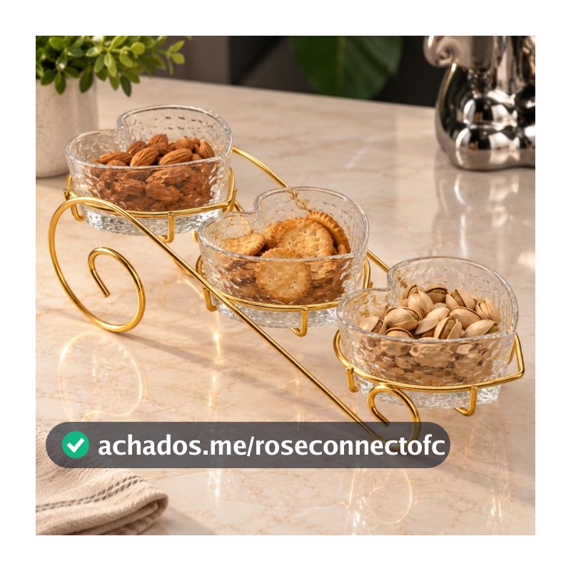 Porta Petiscos Coração 3 Bowls de Vidro com Suporte Dourado 30cm – Petisqueira de Mesa