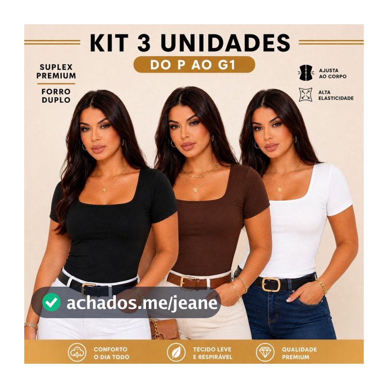 Kit 3 Blusinha Manga Curta Decote Quadrado Forro Duplo Malha Suplex Premium Camiseta Blusa
