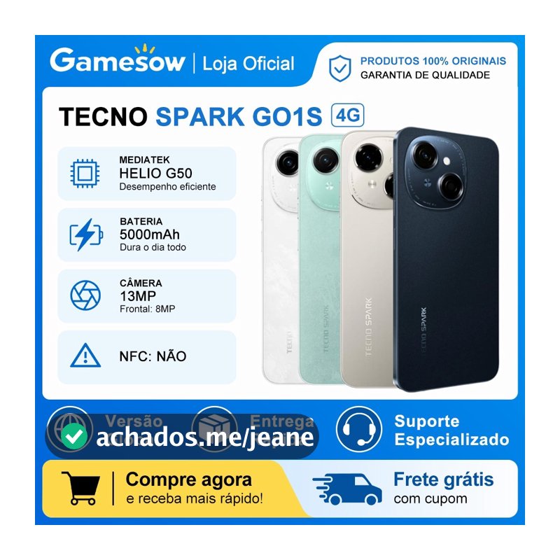 Tecno Spark Go 1S 4G,Versão Avançada 2026, 64GB e 3GB RAM, e Spark Go 1, Bateria 5000MAH, VERSÃO GLOBAL