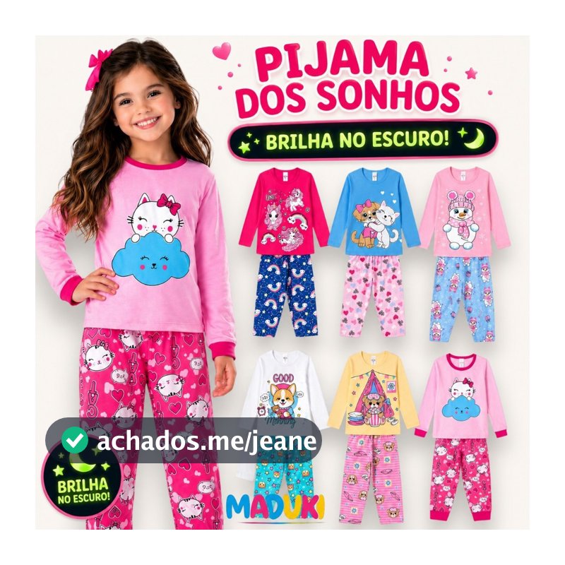 Kit 4 Peças Pijama Infantil Feminino Inverno Manga Longa Pijama que Brilha no Escuro