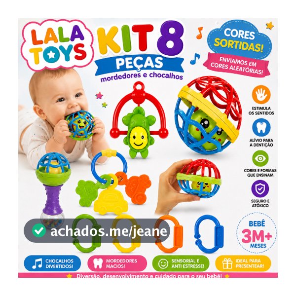 Kit 8 peças Mordedor para Bebe Sensorial Macio com Chocalho