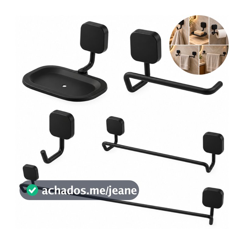 Kit Acessórios Banheiro 5 Peças Preto Fosco Porta Toalha Toalheiro Papeleira Saboneteira Cabide Completo
