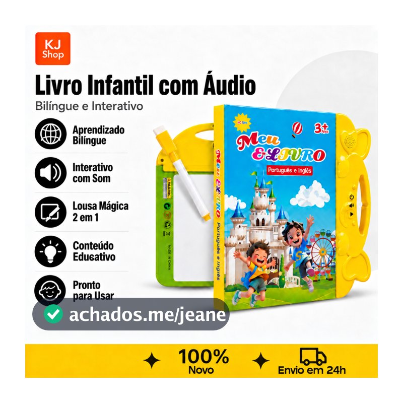 Livro Educativo Bilíngue Interativo Com Som e Lousa Mágica 2 em 1 Brinquedo Infantil