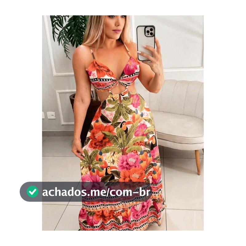 Vestido Longo Praiano Estampado Com Recorte Cintura De Amarrar -Viagem Piscina Primavera Verão