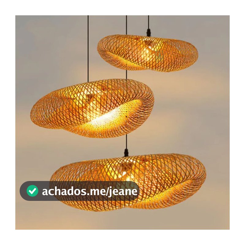 Kit 3 Luminárias de Teto 40cm Lustre Pendente Bambu Honolulu Rústico Fibra Natural Altura Ajustável