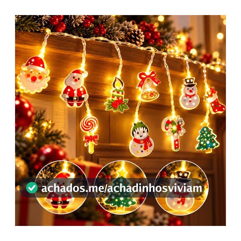 Cordão de Luzes LED Natalino 2m com 10 Pingentes Papai Noel Árvore Sino Luz Fixa