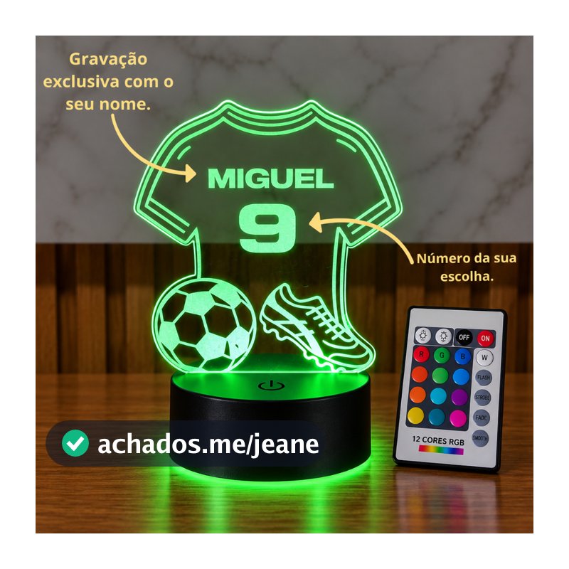 Luminária Futebol Personalizada com Nome e Número RGB 12 cores + Controle Remoto