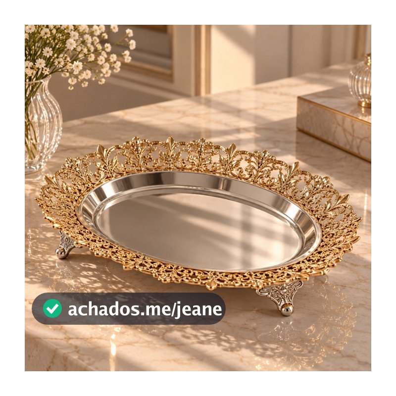 Bandeja Imperial de Metal Dourado Oval com Arabescos e Pés Ornamentais 30x20cm