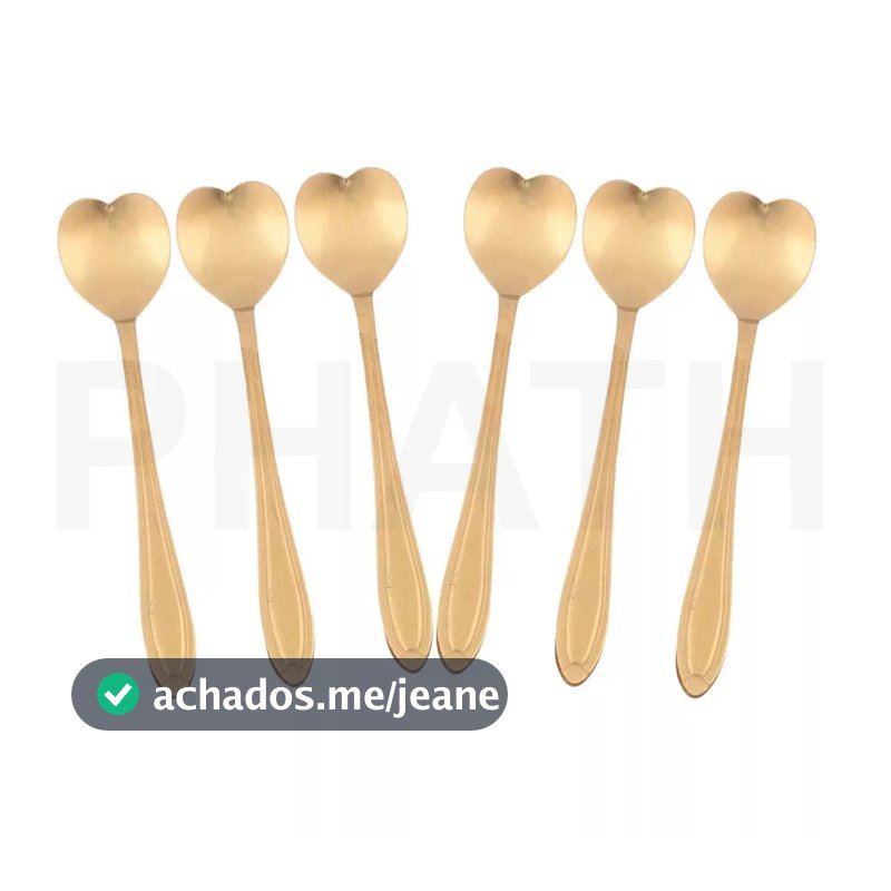 Kit Jogo 6 Colheres Café Chá Coração Sobremesa Inox Dourada