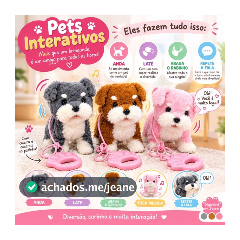 Pelucia Pet Filhotes Cachorrinho e Gatinho que Andam Late Lambe Abana o Rabo Fala Toca Musica Filhotinhos