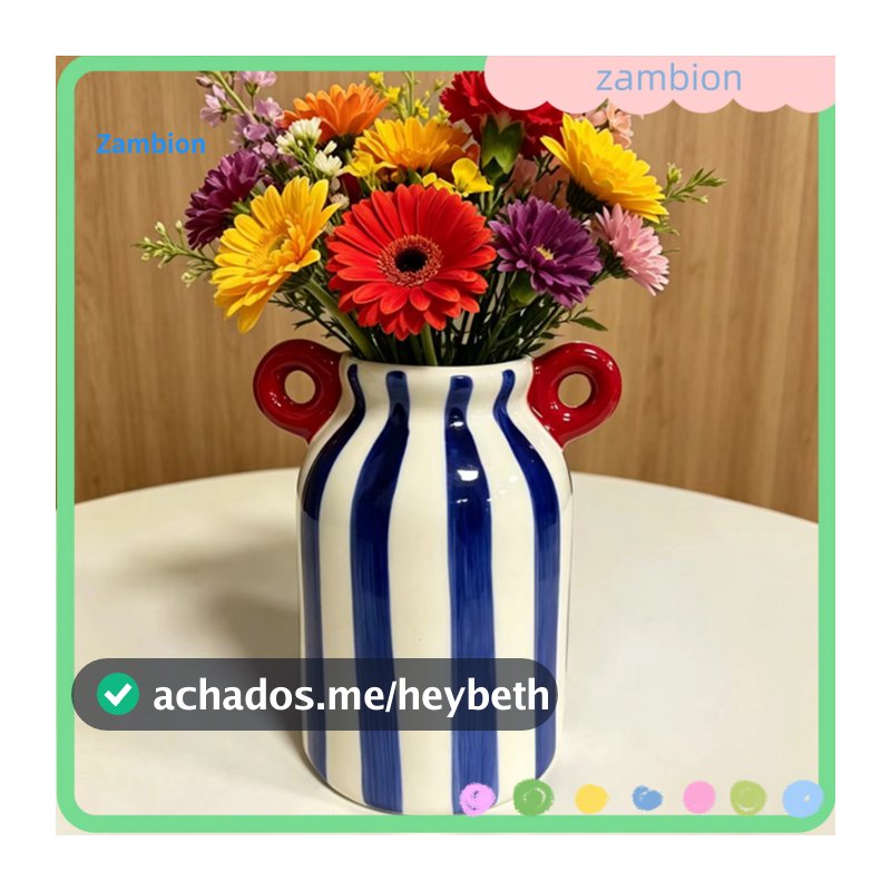 Lively Home Decor Vase Decorative Ceramic Hand-painted Striped Flower with Dual Handles – Small Wide Mouth Bud for Flo