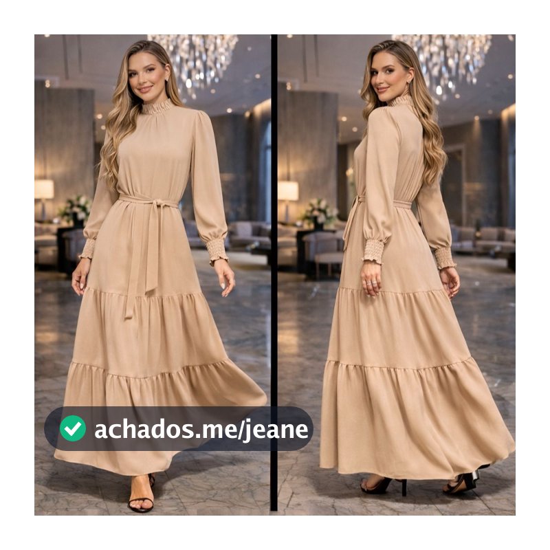 Vestido Feminino Manga Longa Gola Alta Tecido Duna Moda Evangélica e Cristã Para Igreja Culto