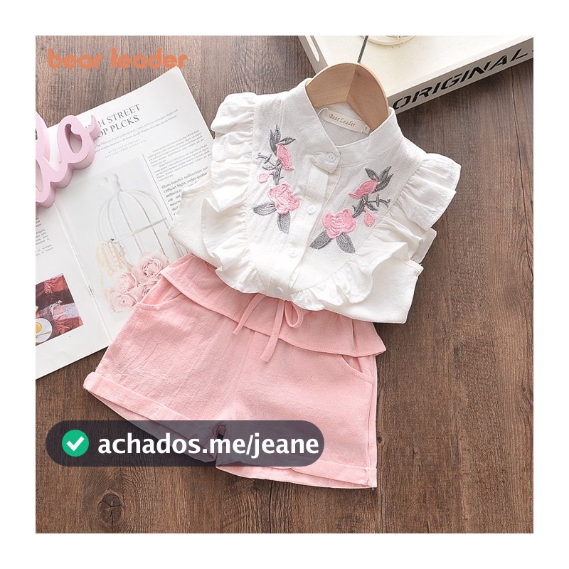 Líder Do Urso 2024 Novo Meninas Manga De Petal Impressão Floral T-shirt + Conjunto De Calções Rosa Kids