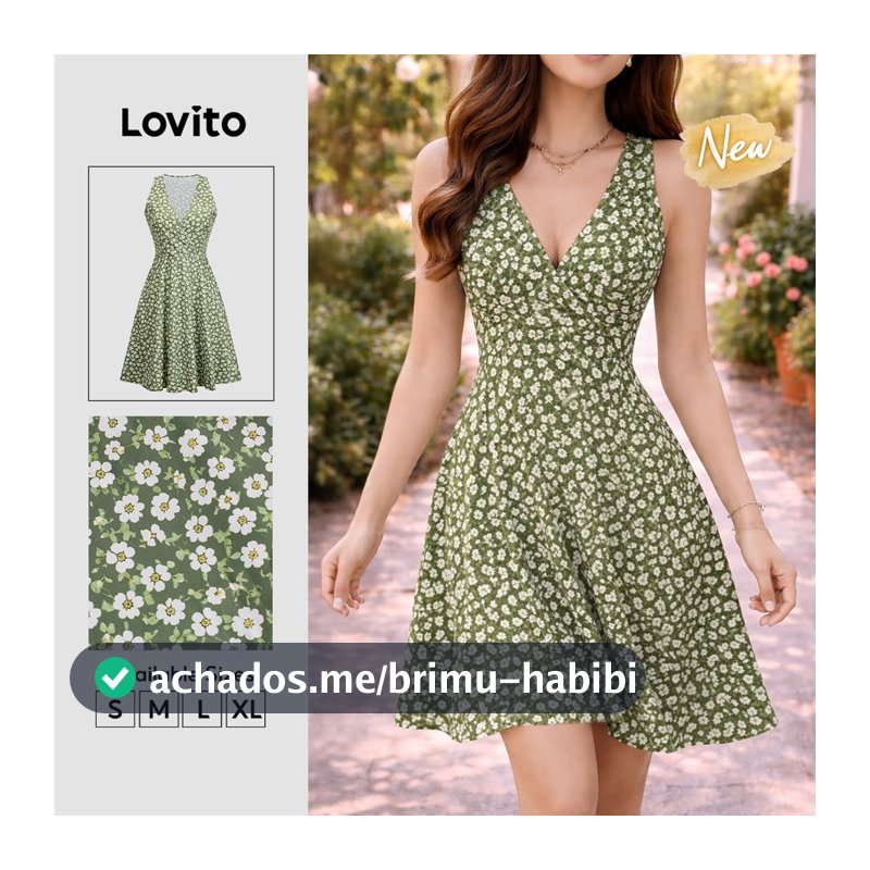 (New Arrival) Lovito Vestido Verde Feminino Casual Com Estampa Floral Miúda Zíper Comprimento Até O Joelho E Corte Evasê Para Primavera Verão Trabalho E Fins De Semana DRB40BR285