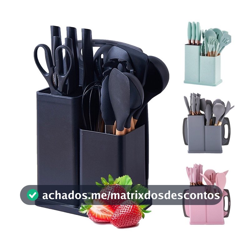 Kit Completo Jogo de Cozinha Luxo 19 Peças Com Tábua em Silicone Espátula Faca Tesoura Utensílios