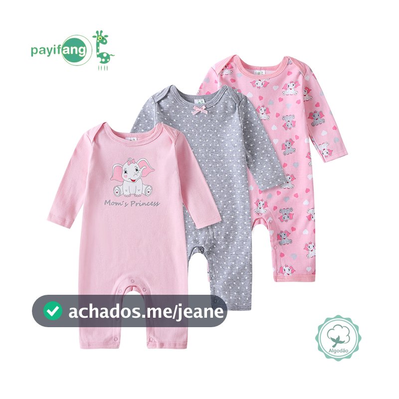 Kit 3 Macacão Bebê Menina Manga Longa 100% Algodão Temática Elefante Rosa Roupa Diária e de Dormir TM-3190