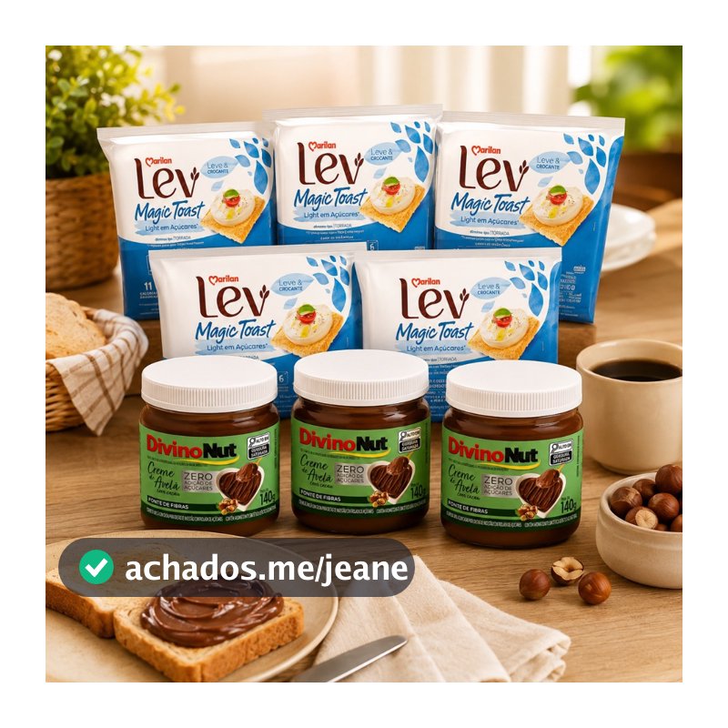 Creme De Avelã Zero Açucar Divino Nut 3 unid e Torrada Magic Toast Light 5 unid. Kit p/ Café da Manhã ou Lanche