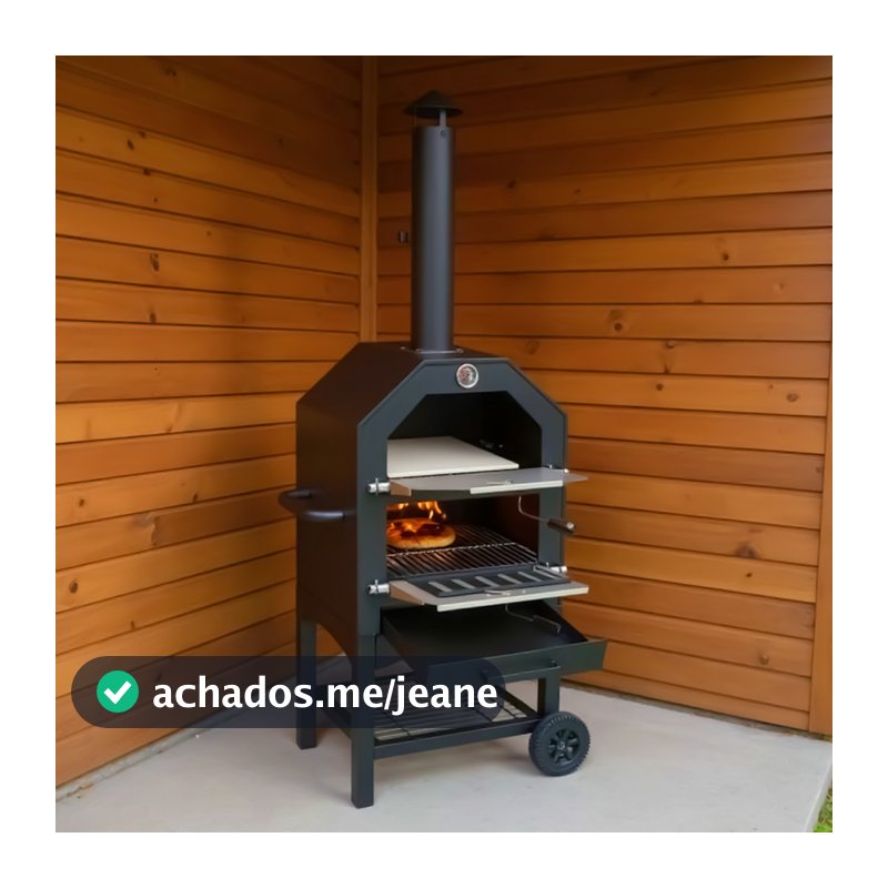 Forno Churrasqueira de Lenha Forno de Pizza Carvão com 2 Grelhas 1 Pedra 1 Pá Industrial com Chamine