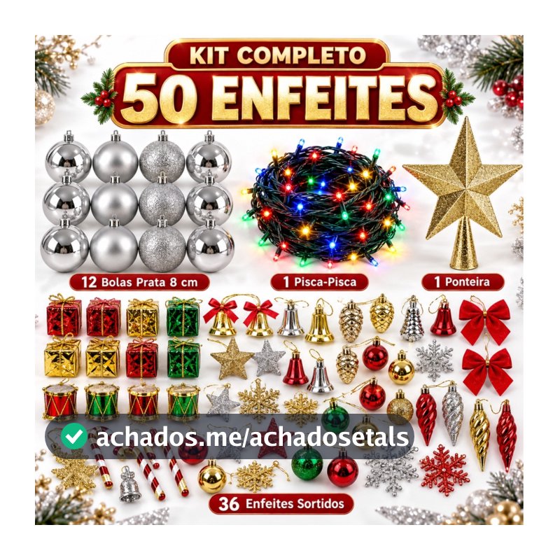 Kit 50 Enfeites Árvore De Natal Bolinhas Pendentes Pisca Pisca Laços Decoração Natalina Papai Noel