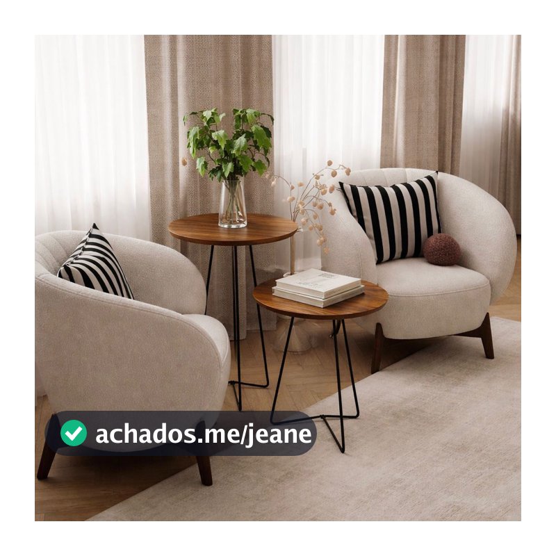 Kit 2 Mesas Laterais Apoio Redondas Pé Palito Aço Preto Tampo MDF Sala Quarto Luxo Moderna
