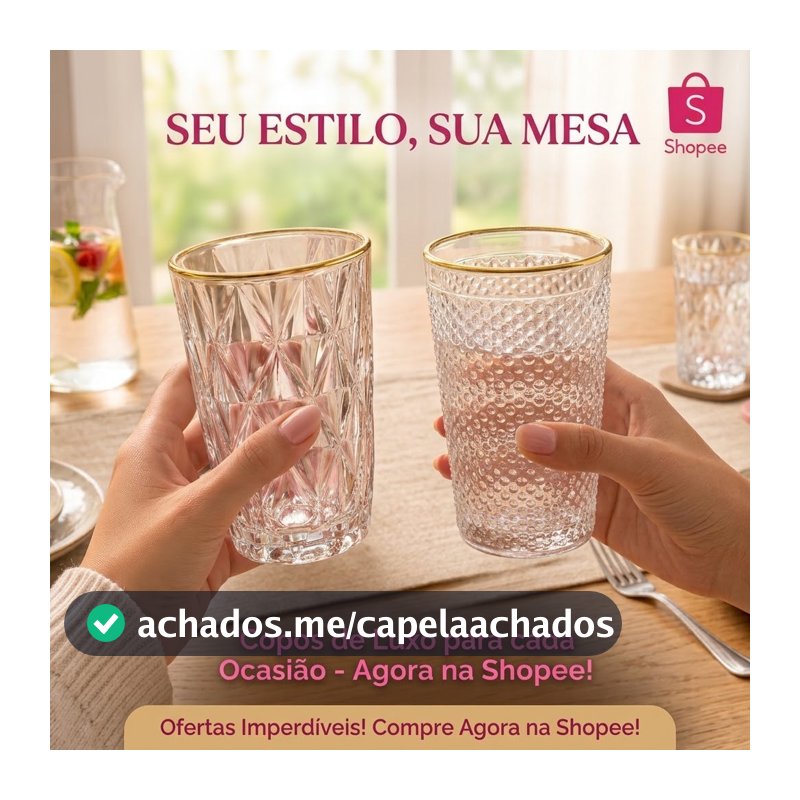 Jogo 6 Copos Vidro Borda Dourada 350ml Diamond ou Imperial Mesa Posta Luxo