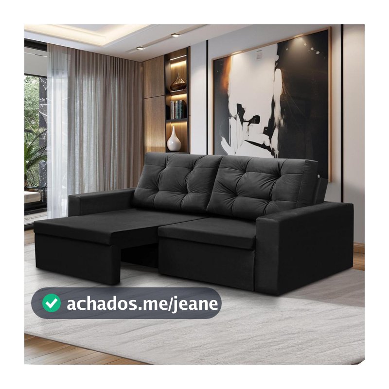 Sofá Retrátil 2 Lugares 1,80m Liz Suede Preto Adonai Estofados