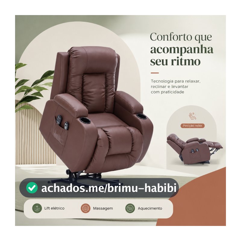 Poltrona de Massagem Poltrona Reclinável Poltrona do Papai Austin Elevação Lift 150º PU Marrom Chocolate G94