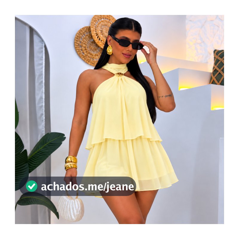 Macaquinho Curto Frente Única Feminino Fivela Dourada e Amarração no Pescoço Elegante Leve e Fluido Primavera Verão.