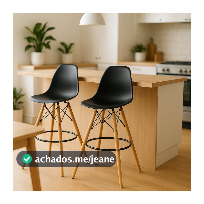 Kit 2 Banquetas Altas para Cozinha e Ilha, Charles Eames Eiffel Preta com Base de Madeira Wood