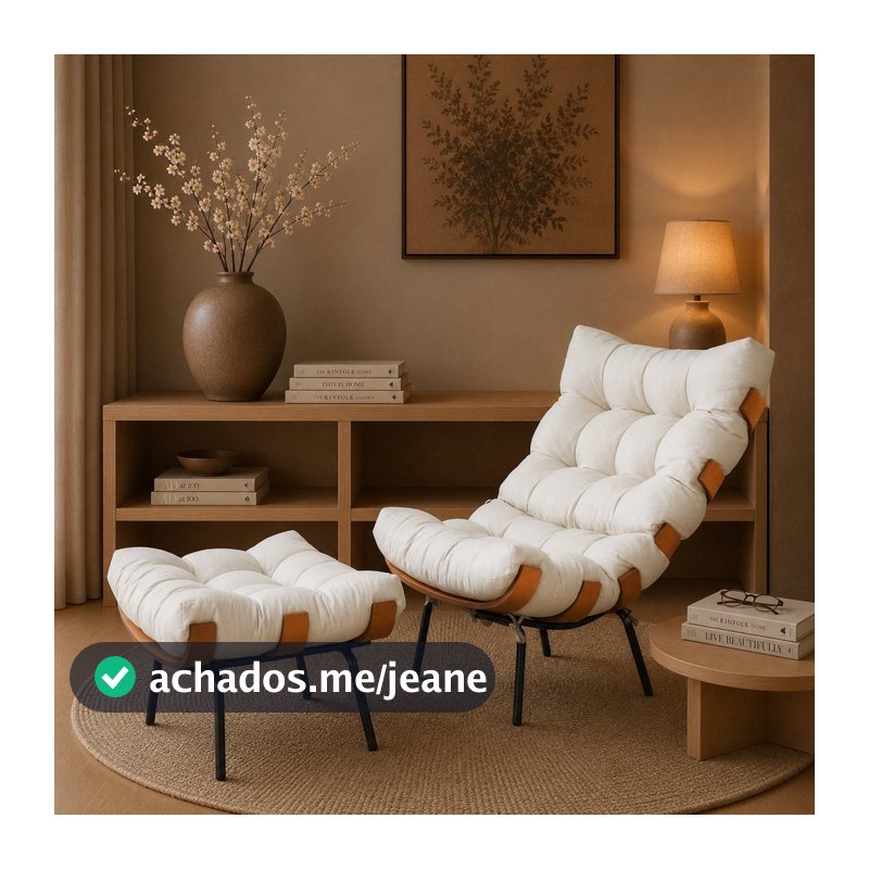Poltrona com Puff em Linho Bege/Off White Costela 67cm Bege/Off White