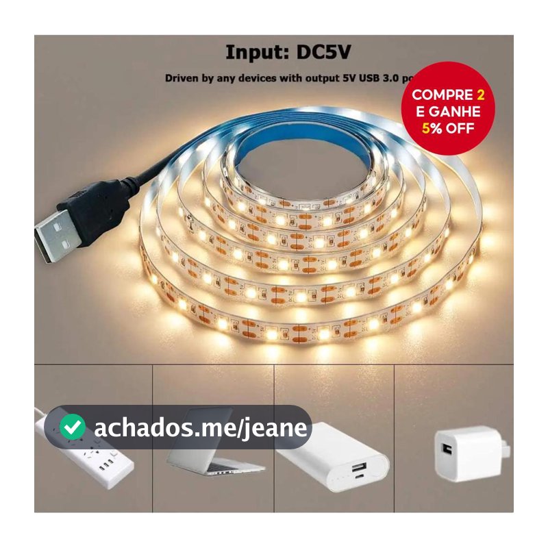 Fita de LED 2835 USB 5V – Luz Branca Quente e Fria para Iluminação Ambiental de TV, Decoração de Casa – Luminária