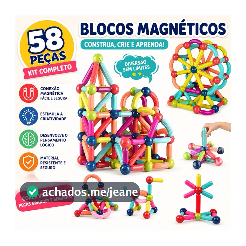 Blocos Magnéticos 58 Peças Kit Construção 3D Infantil Educativo Montessori Ímã Forte Brinquedo Criativo Coordenação