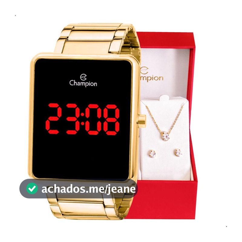 Relógio Digital Feminino Champion Dourado Original + Kit Colar e Brincos CH40086V Relógio Champion Feminino
