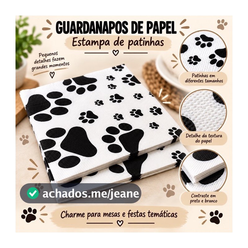 Guardanapo de Papel Pet Cachorro Patinhas Estampado Preto e Branco Folha Dupla Descartável 33x33cm Decorativo
