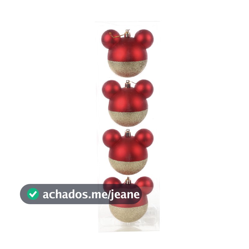 Kit com 4 bolas de natal mickey mouse vermelha com glitter para arvore 8cm