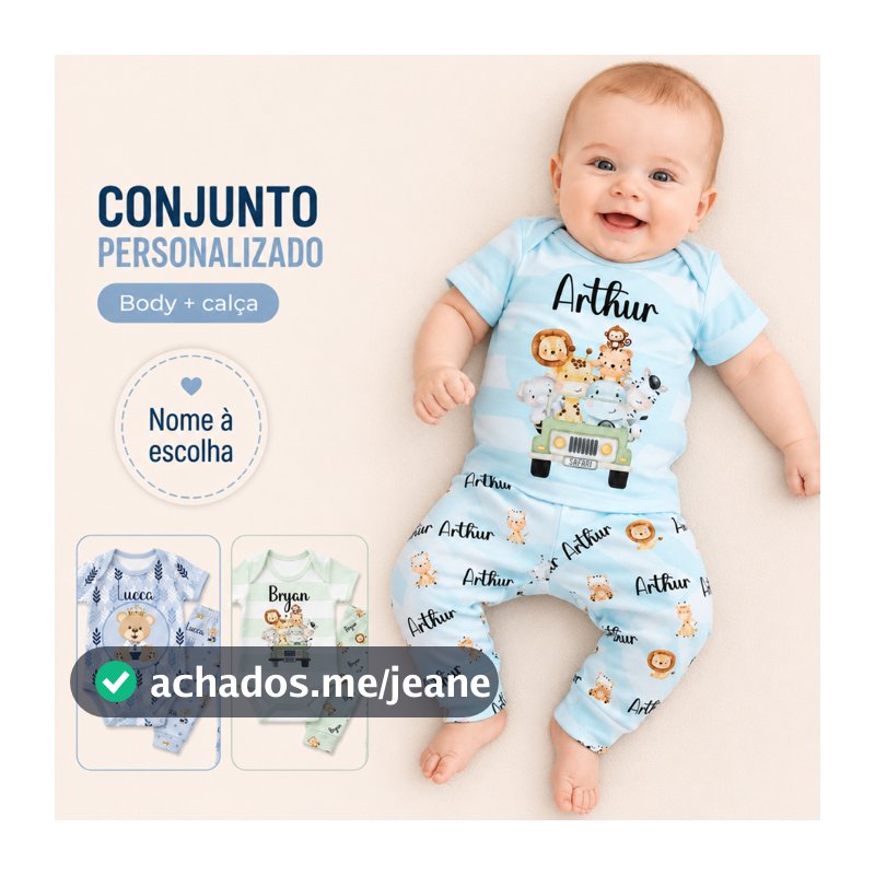 Conjunto Bebê Personalizado com Nome Body e Calça Mijão Várias Estampas menino
