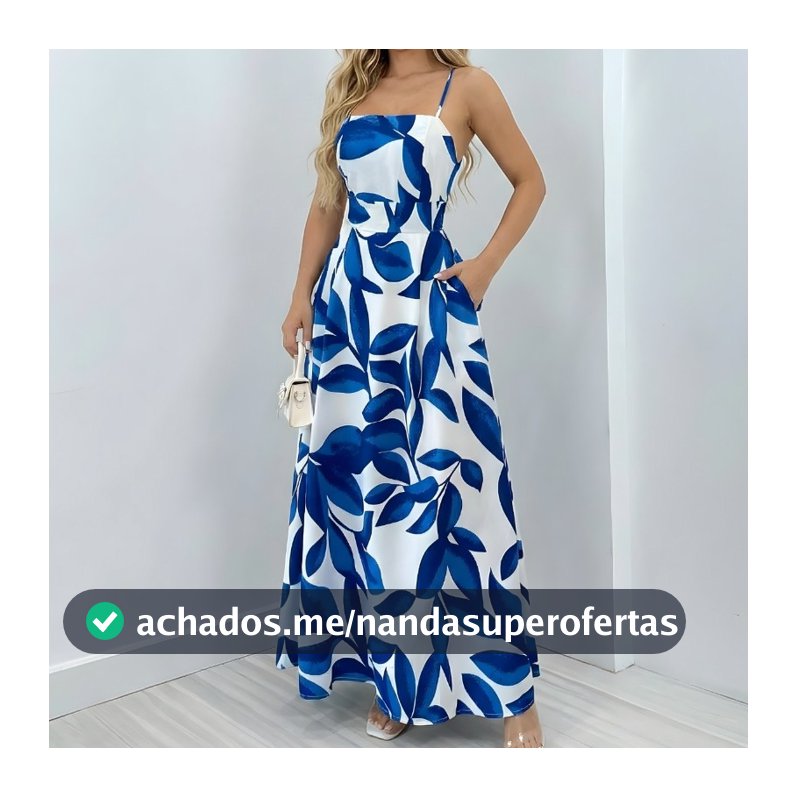 Vestido Longo Feminino Alça Fina Estampa Floral Cintura Alta Moda Verão Tropical