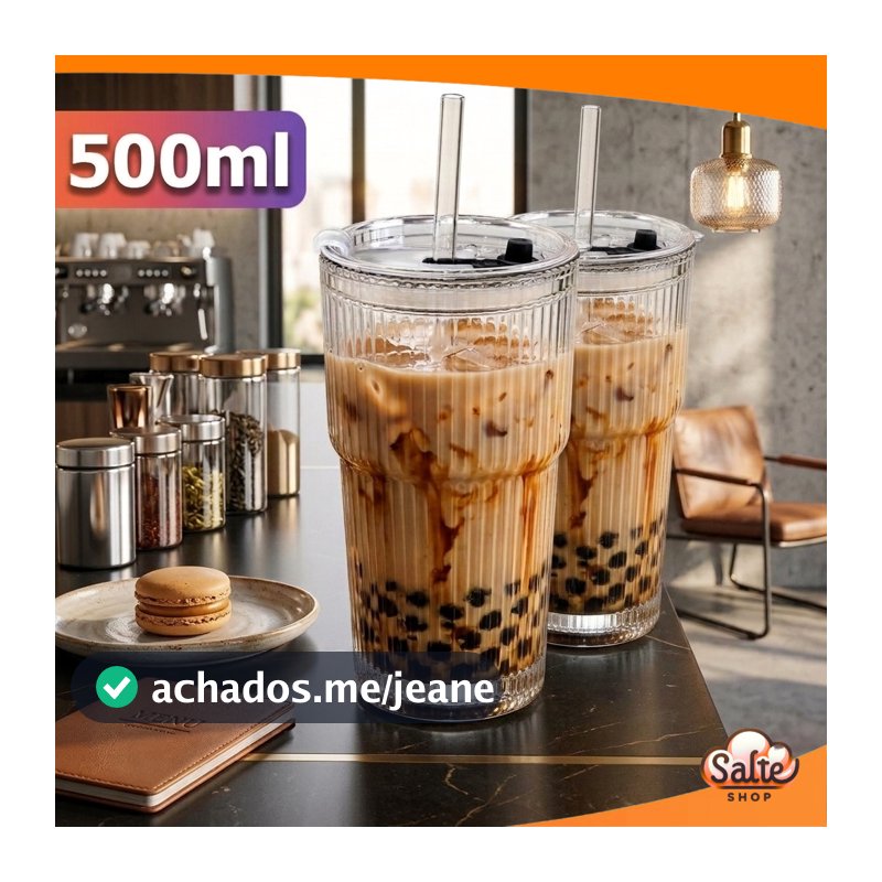 Copos de Vidro 500ml Groove Com Tampa e Canudo Vedação Hermética Reutilizável Água Drink Suco