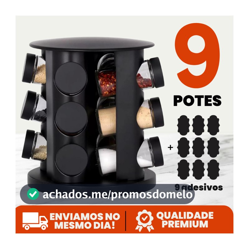 Porta Tempero Condimento Girátorio 9 Potes Cozinha Preto 360 Graus Organizador Dosador Profissional