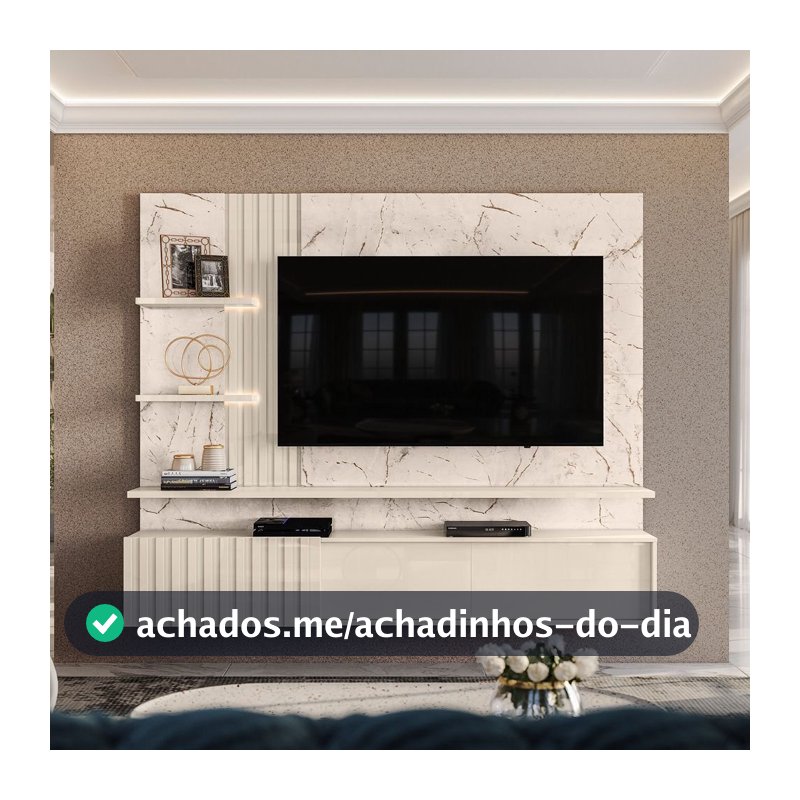 Painel Ripado para TV até 65 Polegadas com LED 2 Portas 167,5x200cm Atena Yescasa Branco Calacata/Offwhite