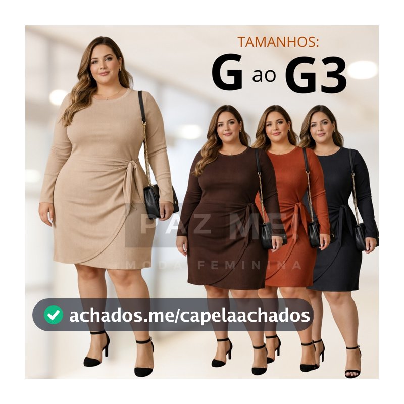 Vestido Manga Longa de Amarrar na Cintura Plus Size PAZME!