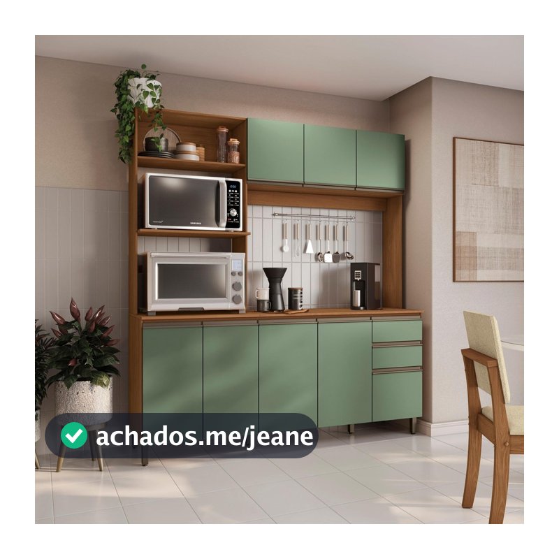 Cozinha Compacta Luna Kappesberg 3 Peças Canela/Verde Oliva 192,5cm
