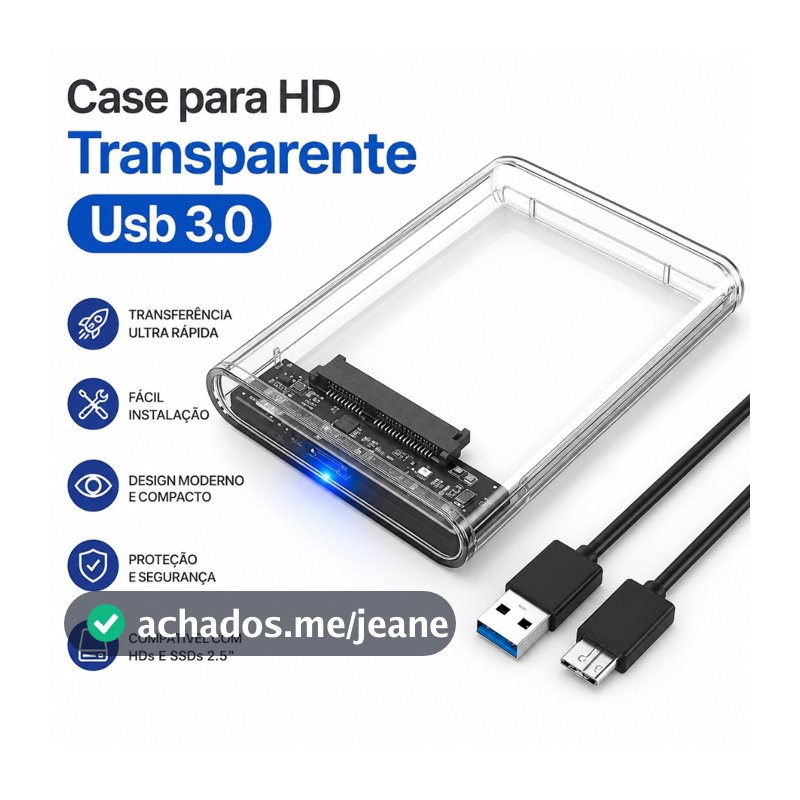 Case para HD transparente, Usb 3.0, transmissão 6gbps, Sata 2.5", Hhd ou Ssd, Ecase-300