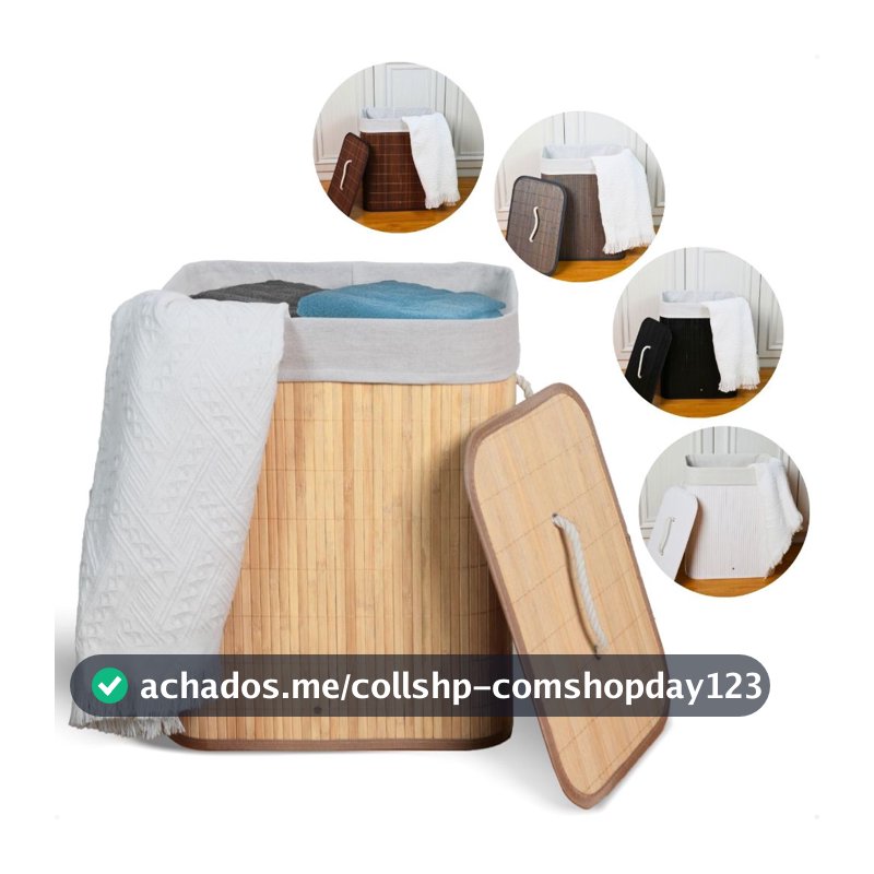 Cesto de Roupa Suja Bambu Com Tampa e Alças 50 Litros Grande Organizador Multiuso
