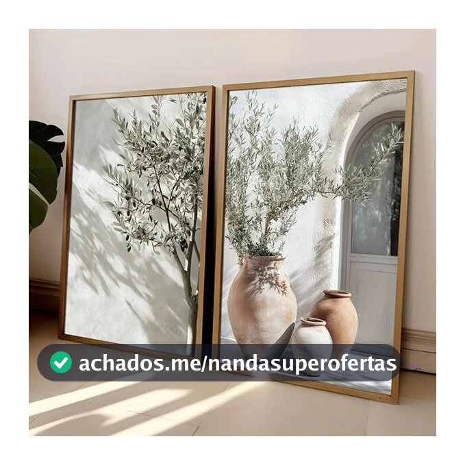 Kit 2 Quadros Decorativos com Moldura Decoração Parede Moderna para Sala e Quarto Oliveira e Vasos Mediterrâneos