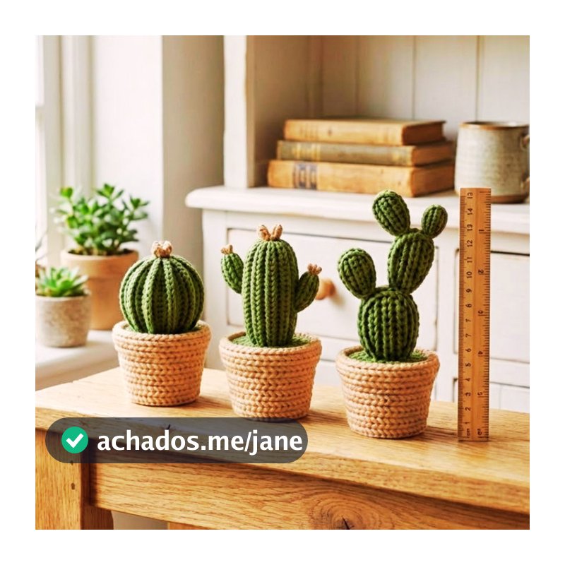 Kit 3 Cactos decoração Efeito Tricô 3D com Vaso | Decoração para Sala Minimalista Escritório envio imediato