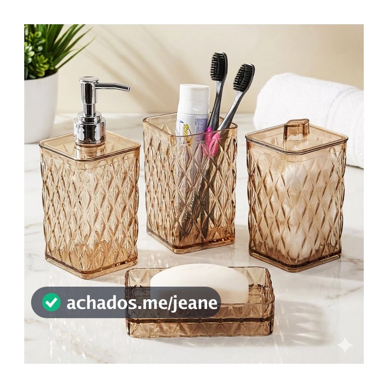 Kit de Banheiro 4 Itens Lavabo Glamour Ambar Plasútil Utilidades Decoração Organiza