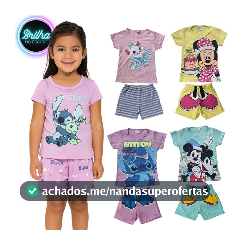 Conjunto Pijama Brilha no Escuro Personagens Menina Infantil Minnie Stitch Malha Levinha